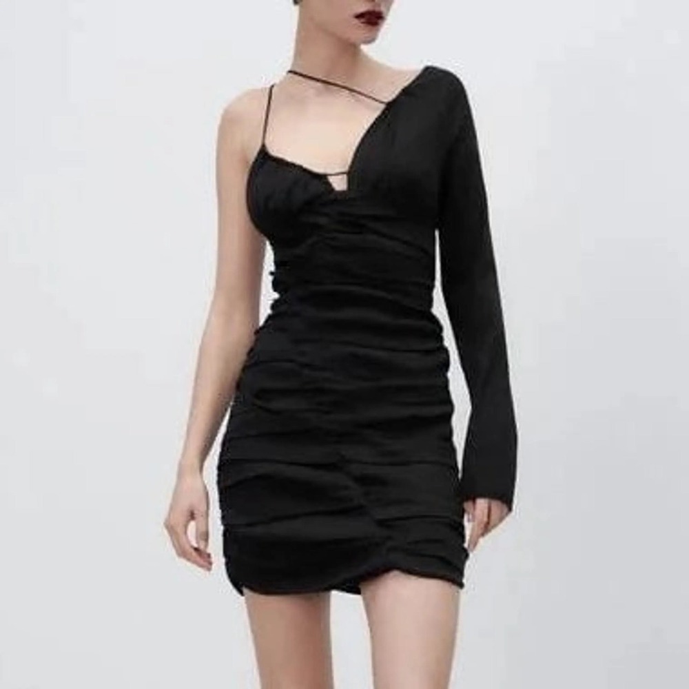 Zara Black Asymmetric Ruched Mini Dress One Shoulder Long Sleeve Small